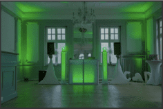 Eine Hochzeits-Location in warm-grünen Licht. Im Zentrum steht das DJ-Pult.